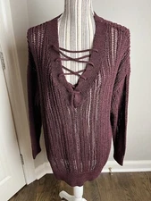 Michael Stars SZ MEDIUM Burgundy Pullover Lightweight Sweater Breathable v-neck