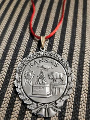 AWESOME VINTAGE KANSAS MERRY CHRISTMAS ORNAMENT ORNATE  STATE MARKED FORT RARE