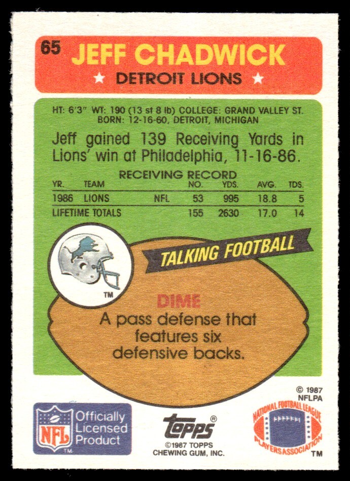 1987 TOPPS AMERICAN/UK JEFF CHADWICK E DETROIT LIONS #65 | eBay