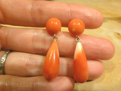Vintage 14k or Jaune Sculpté Corail Tomate Rouge Orange Goutte Pendantes Boucles - Photo 5 sur 7