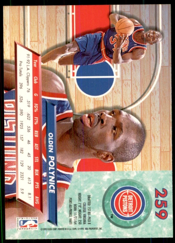 1992-93 Fleer Ultra Cards Olden Polynice (100) Basketball Cards #259 - Image 2 of 2