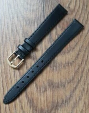 12mm PRESTIGE CALF LEATHER BLACK APOLLO WATCH STRAP NUBUCK LINED GOLD BUCKLE.NOS