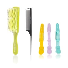 9-Row Detangling Brush, Parting/Sectioning Comb, & 3 Gator Clips 