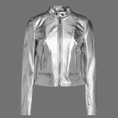 Metallic Silver Sheepskin Leather Jacket For Women Cropped Biker Luxury Jacket