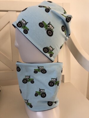 Beanie Set Mütze Loop Kinder Trekker Jungen Traktor hellblau handmade NEU
