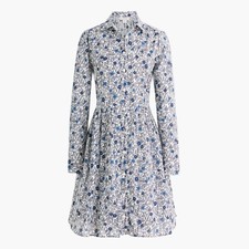 J. Crew White Blue Floral Printed Long Sleeve Cotton Mini Shirtdress Size 0