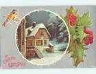 Pre-Linen christmas BEAUTIFUL YELLOW BIRD WITH SNOW-COVERED HOUSE HL0367