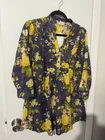 NWT Magazine Floral Smocked Blouse Button Shirt Roll Tab Sleeves Womens SZ L