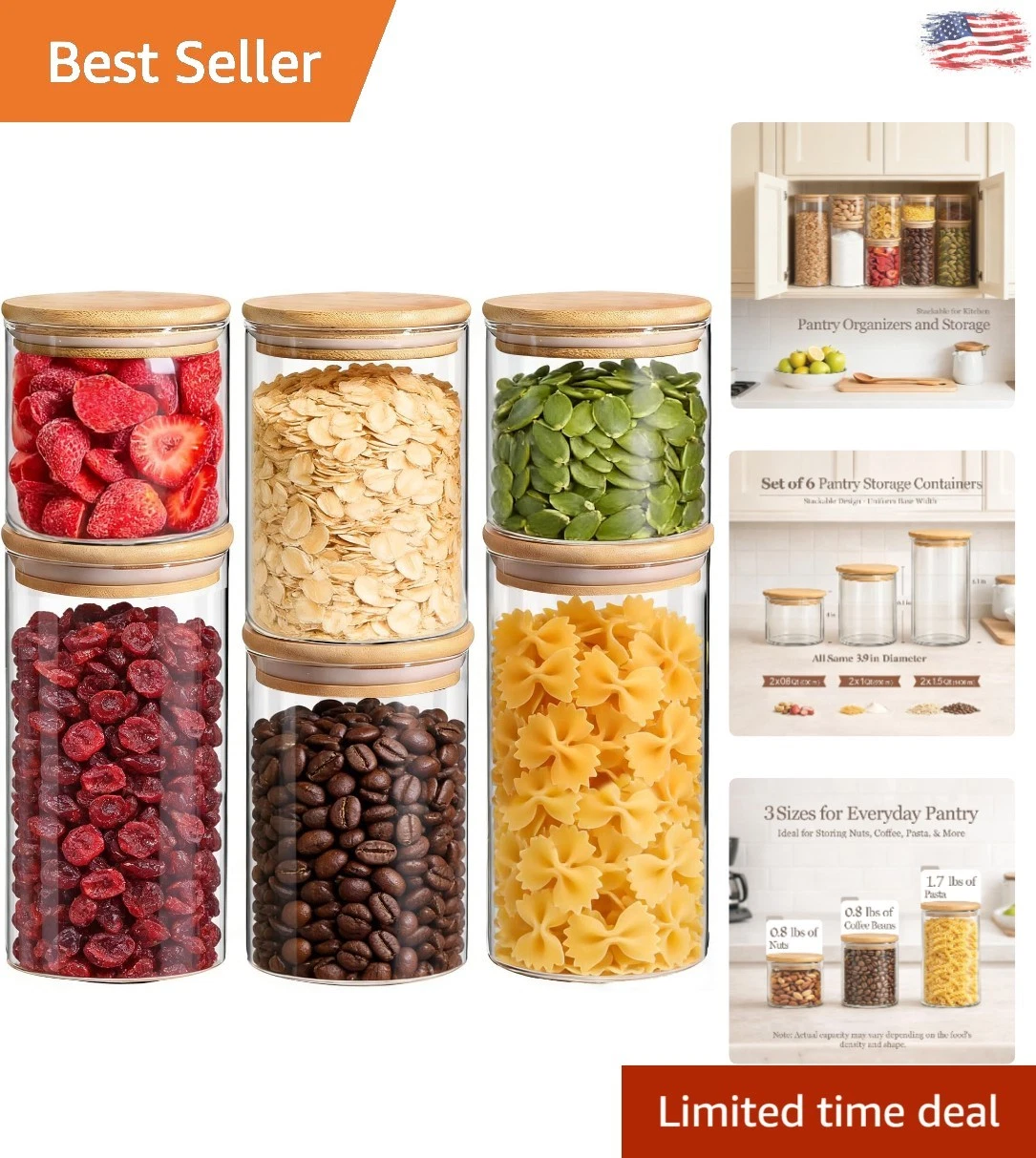 Glass Storage Containers with Lids 0.6qt/1qt/1.5qt Set of 6,Glass Pantry Stor...