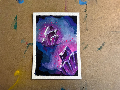 ACEO Original Gouache Crystals Cave Fantasy Art Miniature Painting GBares