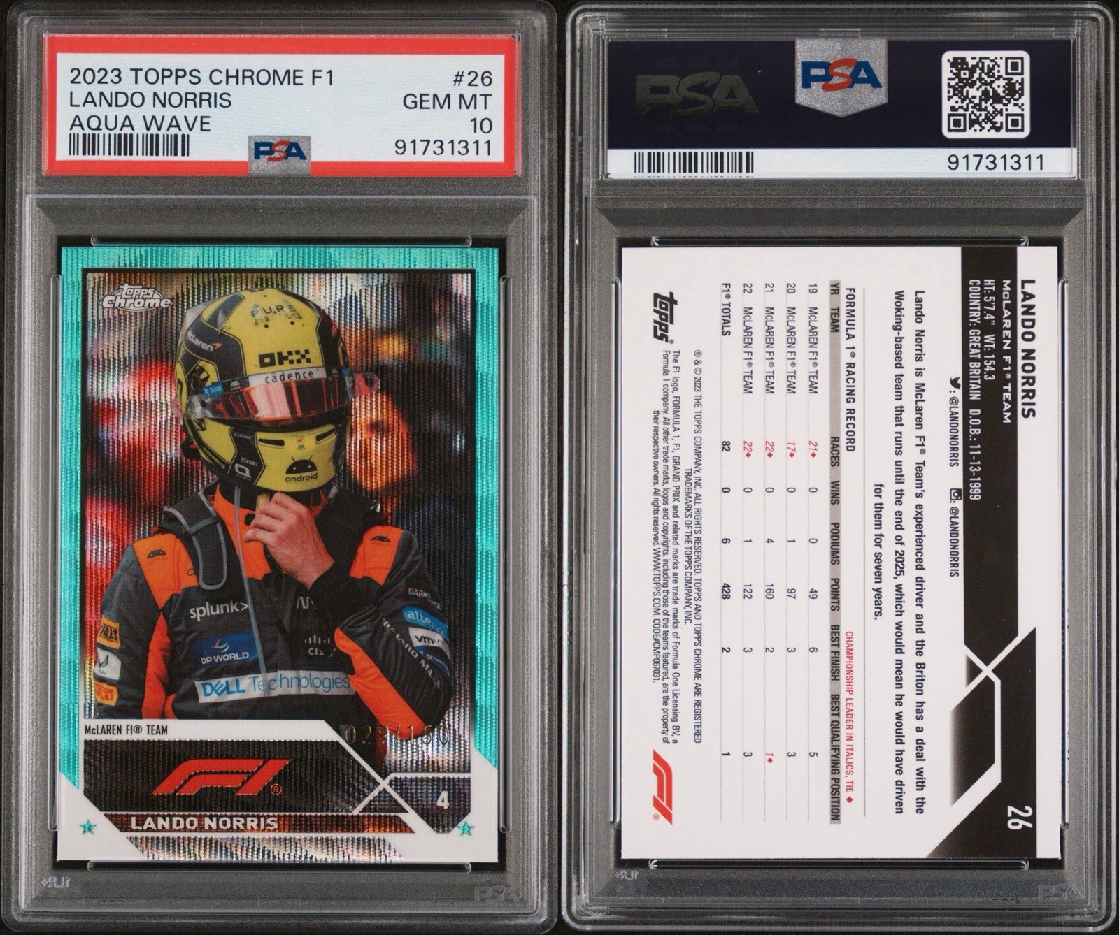 🔥 2023 Topps Chrome F1 Lando Norris Aqua Wave #26 PSA 10 GEM MINT /150 POP 10! view 3