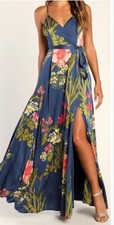lulus evening maxi dress blue floral Large elegant evening gown wedding party