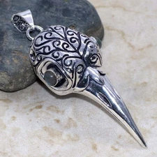 Bird Skull Fiery Labradorite 925 Silver Plated Pendant 2.5" One of a Kind JW