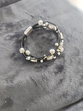 Multi Strand Rope Bracelet Black Thin  Silver Tone Beading Magentic Clasp 
