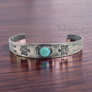 NATIVE AMERICAN STERLING SILVER TURQUOISE STAMPWORK 6 3/8" CUFF BRACELET #7956