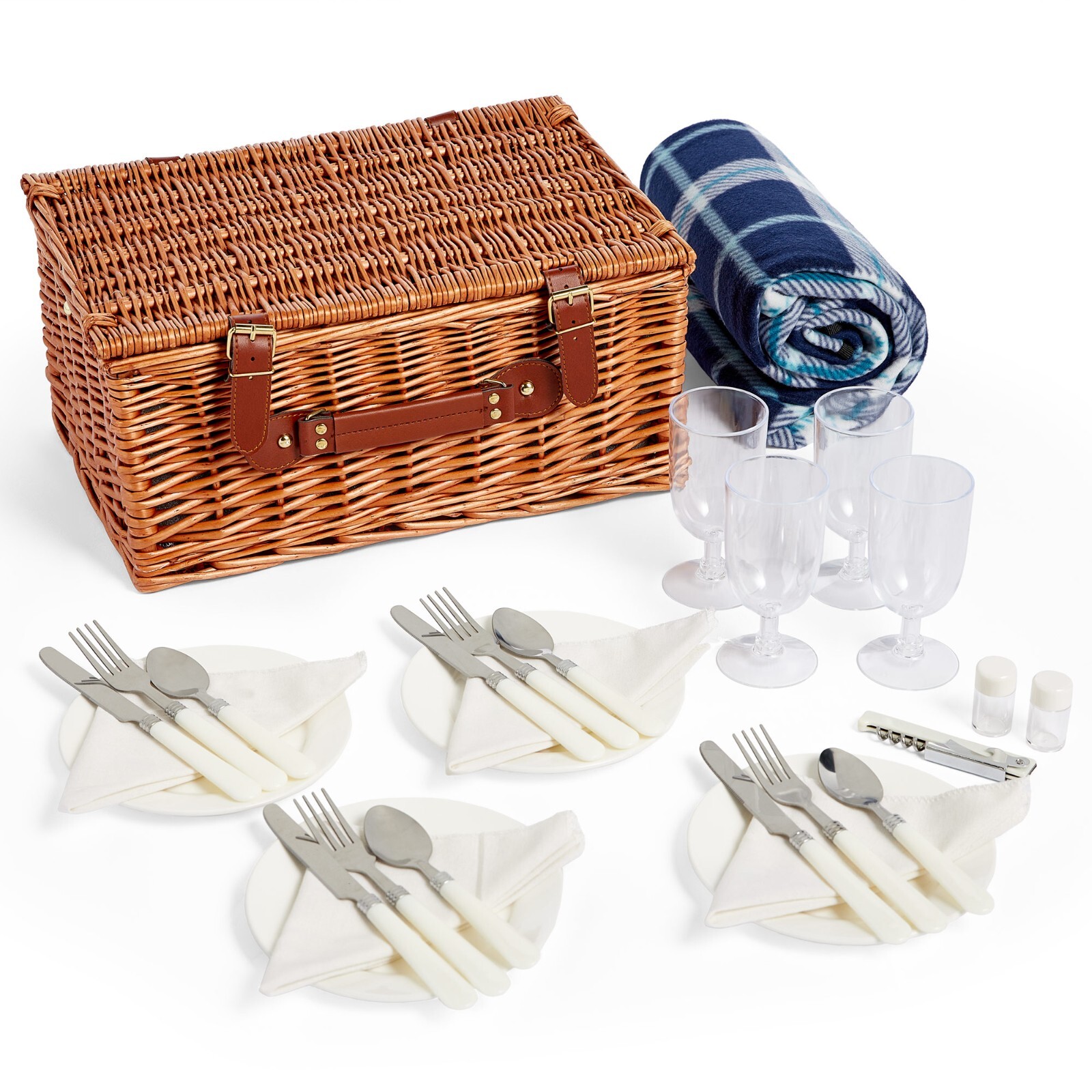 4 Person Picnic Basket, Large Picnic Hamper Luxury Wicker Basket & Rug