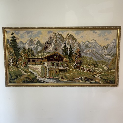 Vtg Lrg Needle Point Framed Picture Swiss Alps Mountains Country Yarn Artwork