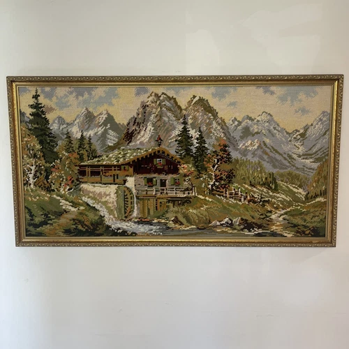 Vtg Lrg Needle Point Framed Picture Swiss Alps Mountains Country Yarn Artwork