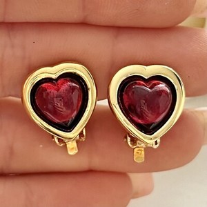 Authentic 1980s Red Cabouchon Glass Gold Plated Love Heart Clip On Statement Earrings