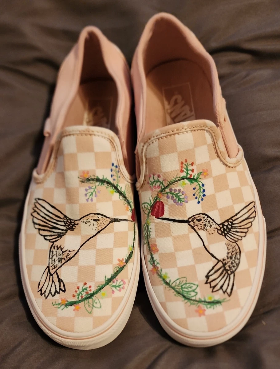 Vans checkered pink white custom hand drawn hummingbird BOHO slip on  women's 7