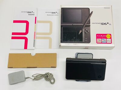Nintendo DSi LL dark brown touch pen, AC adapter, manual, box