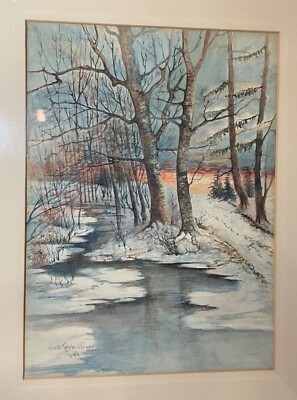 antique original 1921 Terwilliger winter forest watercolor gouache painting