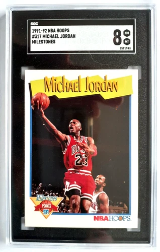 1991-92 Hoops Basketball, MICHAEL JORDAN Milestone Card # 317, SGC 8 Near Mint