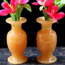 Natural Yellow Jade Vase Pair Stone Carved Ornament Small Table Decor Display