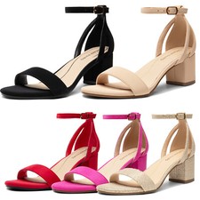 Women Ankle Strap Open Toe Low Chunky Block Heel Sandals Wedding Dress Shoes