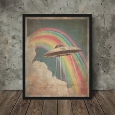 Vintage UFO Rainbow Wall Art, Sci-fi LGBTQ Pride Month Decor, Gay Alien Poster