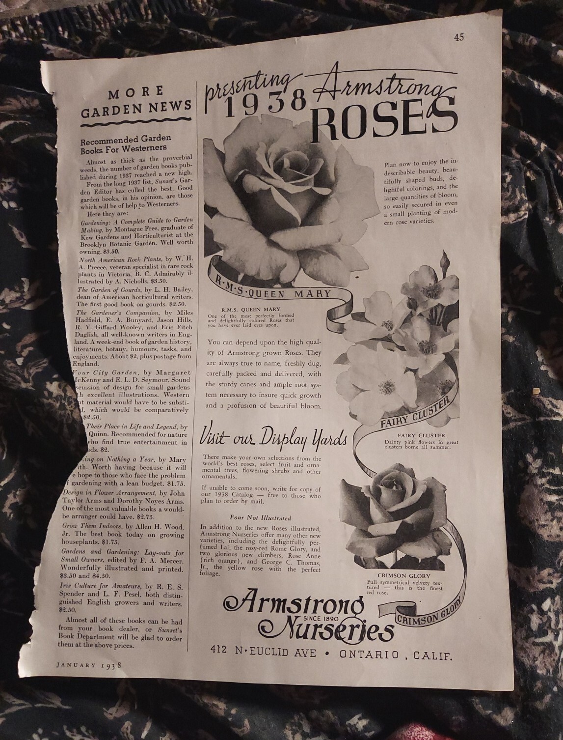 1938 print ad-Armstrong Nurseries-Roses-RMS Queen Mary-Fairy Cluster ...