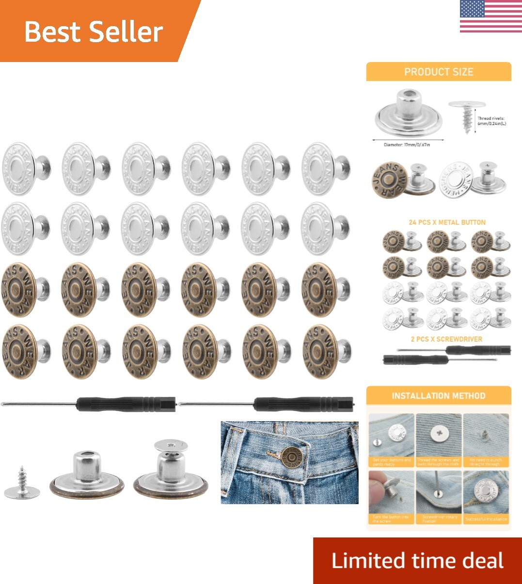 Jeans Buttons Replacement, Instant No Sew Buttons for Pants with Tool,17Mm-image