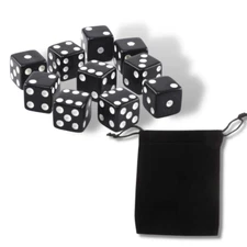 Set of 10 Six Sided Square Opaque 16mm D6 Dice - Black with White Pip Die