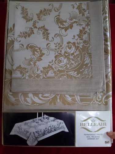 Vintage BELLEAIR Gold Damask 64"x84" Tablecloth 8 Napkins Christmas Thanksgiving - Picture 2 of 14