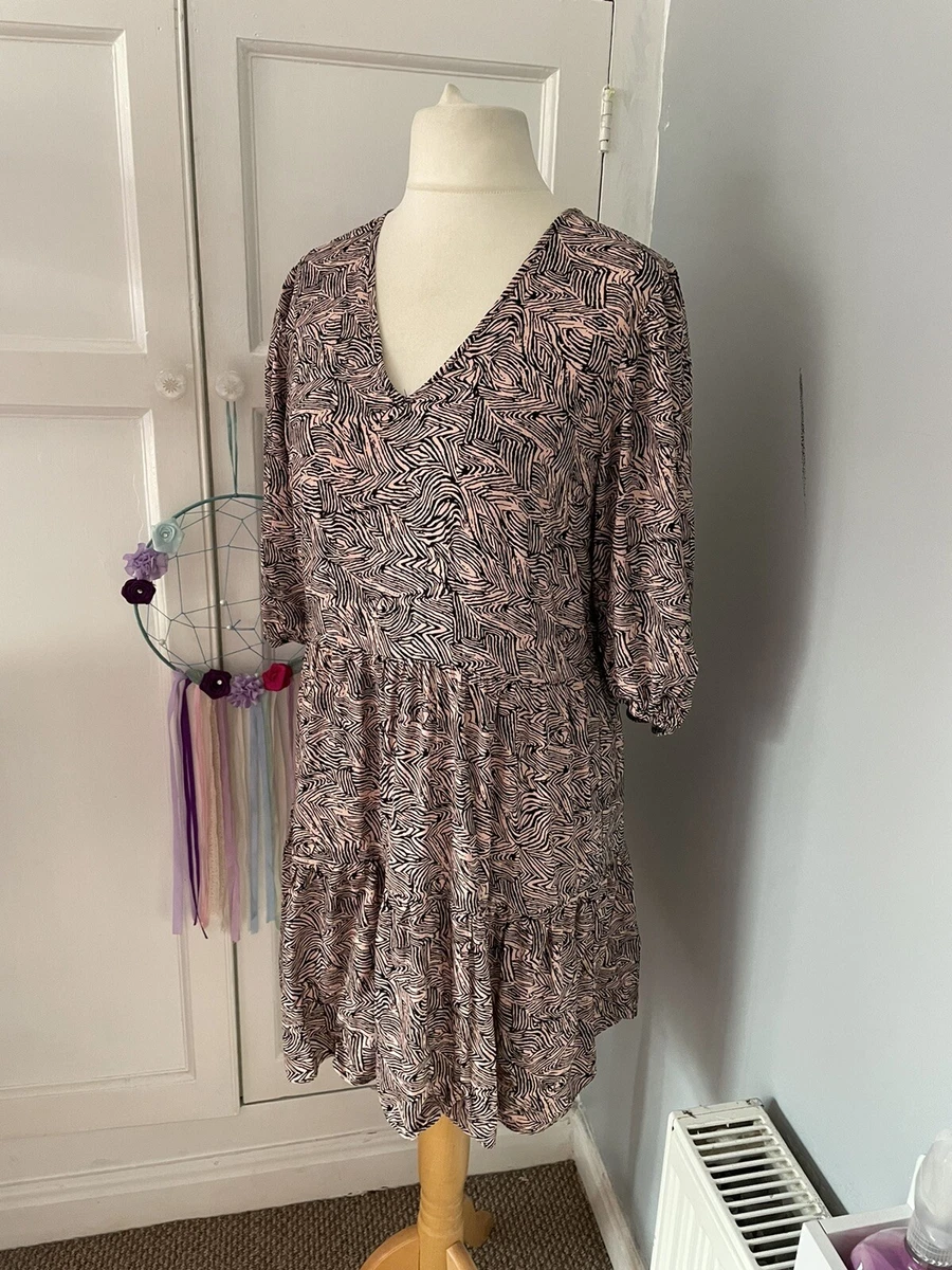 George Ladies Nude Black Tribal Print Tiered Short 3 4 Sleeve Dress Size 12