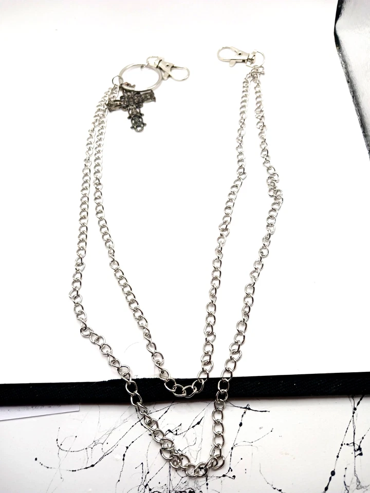 Carteira ou calça masculina dupla camada corrente tom prata + estilo antigo cruz -21" - Imagem 3 de 4