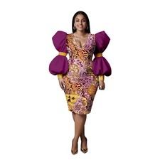 African Women's Ankara Printed V-Neck Puff Sleeve Knee-Length Dress Patchwork