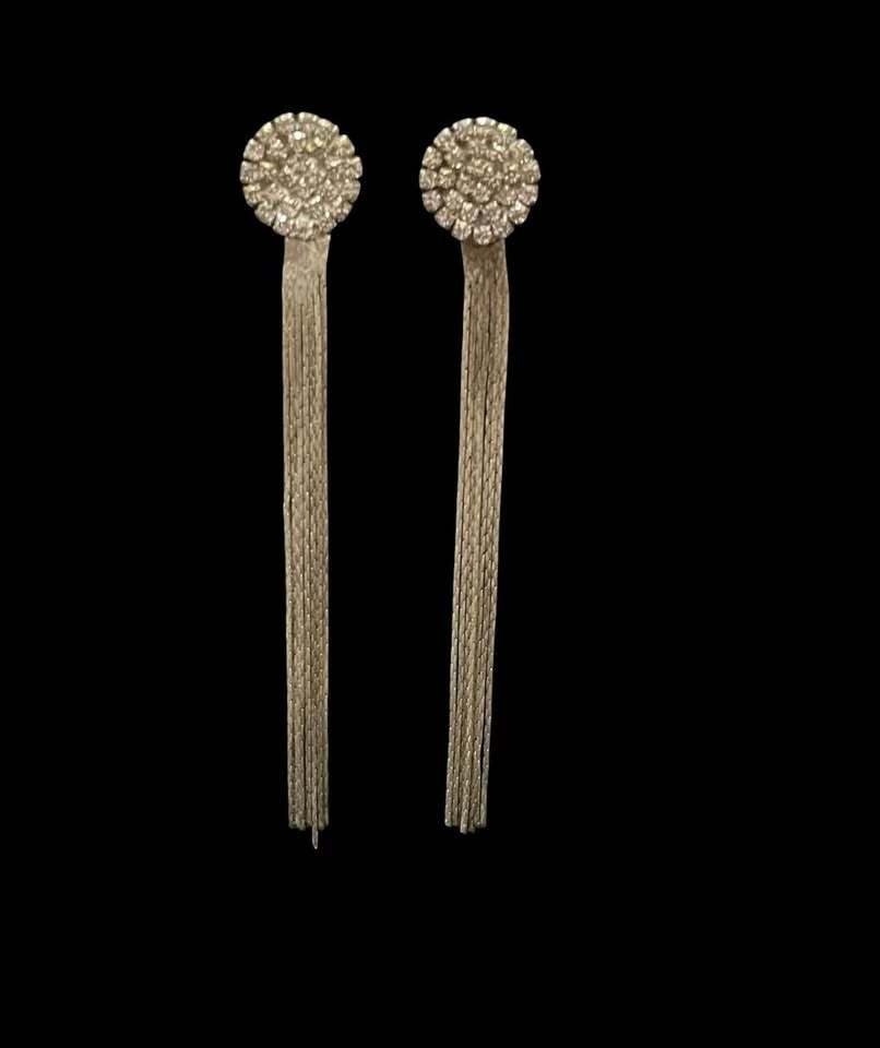 Silver Rhinestone Cluster Fringe Drop Clip On Earrings