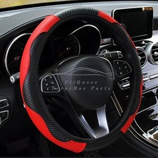 Car Steering Wheel Cover Red Black Leather Anti-slip For 15"/38cm Carbon Fiber