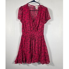 Blue Rain Red Floral Chiffon Mini Dress Short Flutter Sleeve V-Neck Small