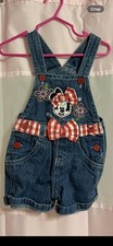 Vintage Disney Minnie Mouse Denim Overall Gingham Bow Button Pockets 9-12M