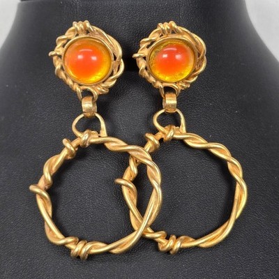 Robert Rose Gold Tone Twisted Hoop Dangle Pierced Earrings Amber Resin Cabochon