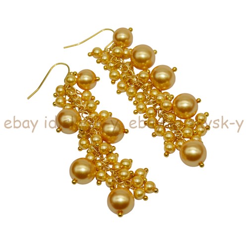 4-10mm Gold Yellow South Sea Shell Pearl Round Beads Cluster Dangle Hook Earring - Picture 5 of 6