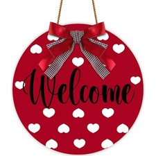 Valentine's Day Welcome Door Sign with Ribbon Bow Red Love Heart Wooden