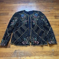Laurence Kazar Cardigan Womens XL Silk Beaded Jacket Vintage 80s Sequins Beads