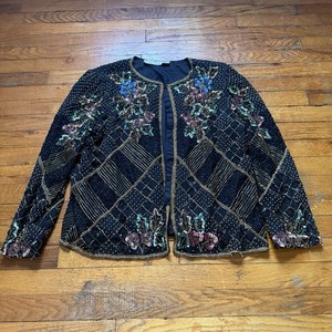 Laurence Kazar Cardigan Womens XL Silk Beaded Jacket Vintage 80s Sequins Beads