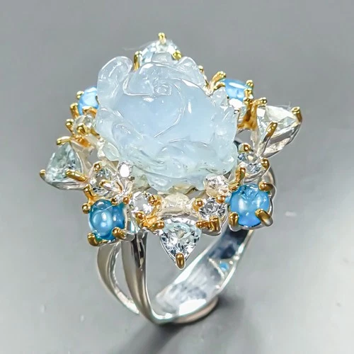 Gem Carving 12 ct+ Natural Aquamarine Ring 925 Sterling Silver Size 8 /R459539
