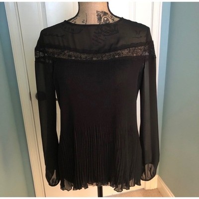 Siani Milano Black V-Neck Sweater Pleated Crochet Lace Balloon Sleeve Size Small