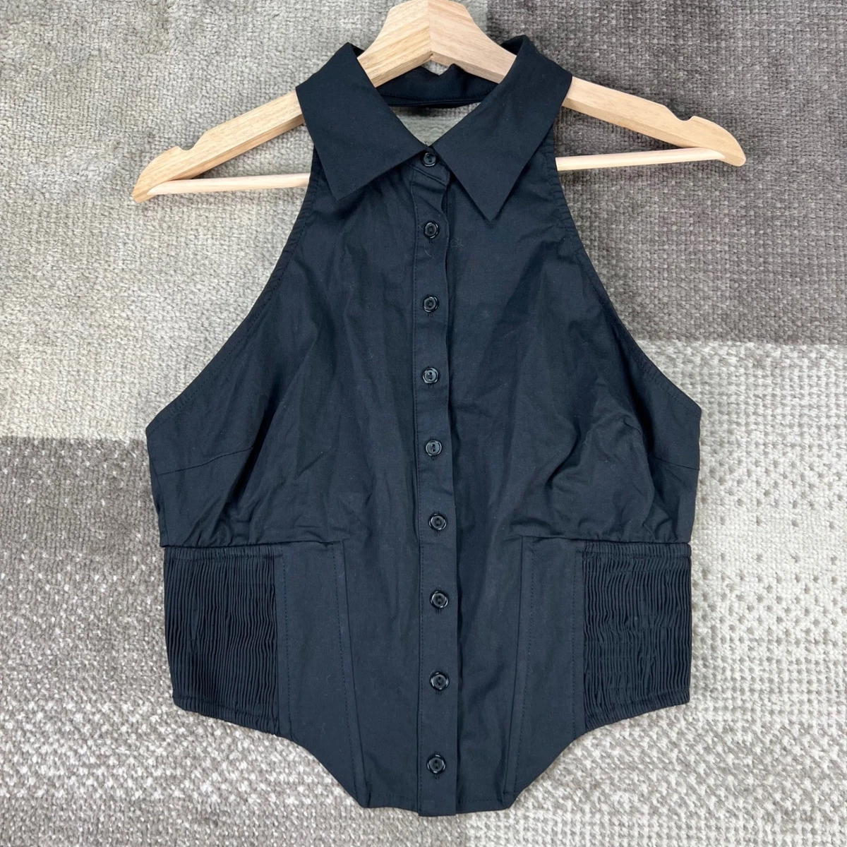 NWT Windsor Black Halter Button Down Corset Crop Top Smocked Waist Womens M