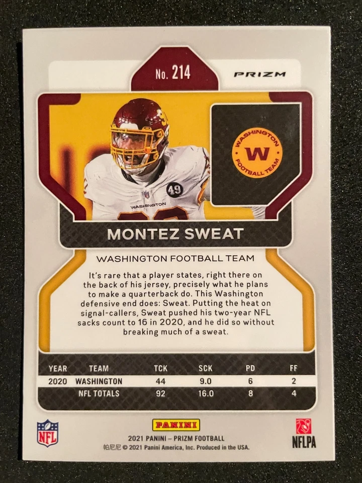 Montez SWEAT 2021 Panini Prizm Red Cracked Ice #214 Washington Commanders - Image 2 of 2